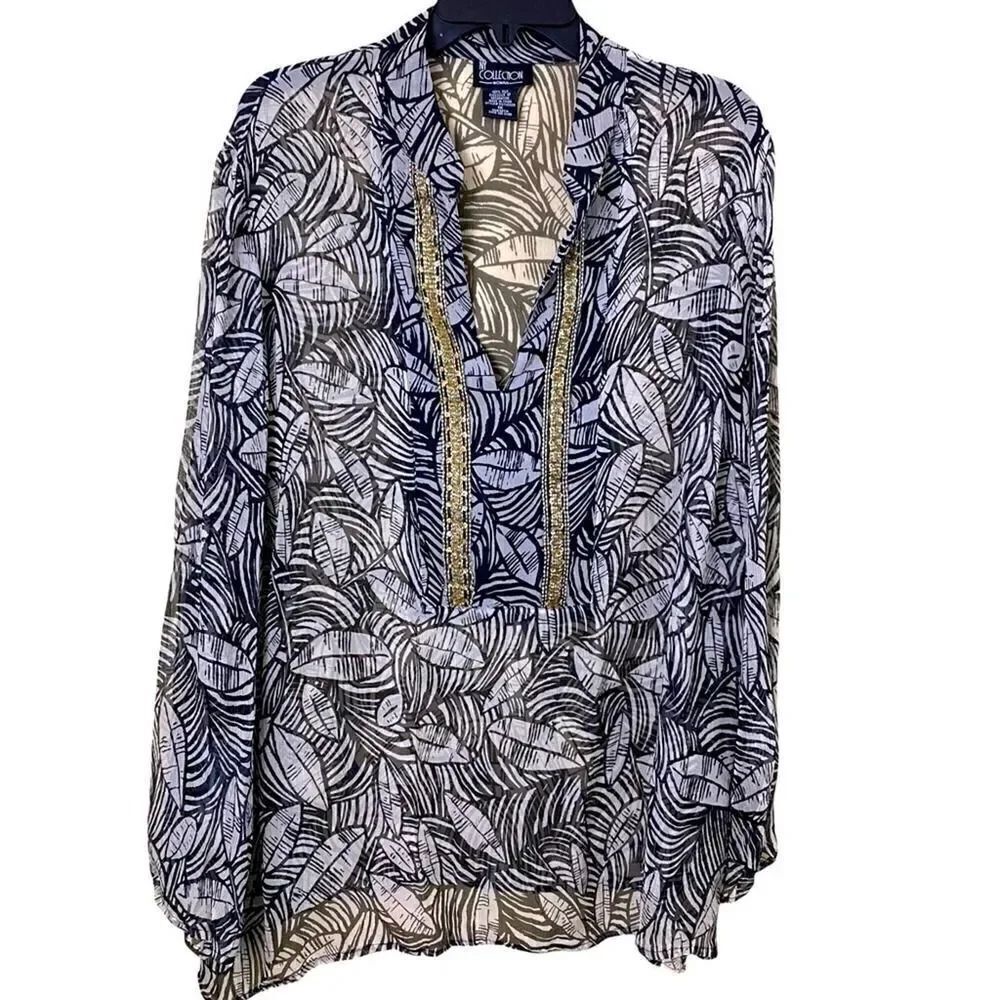 NY Collection Silk Sheer Tunic Beaded Blouse Cover Up Size 1X